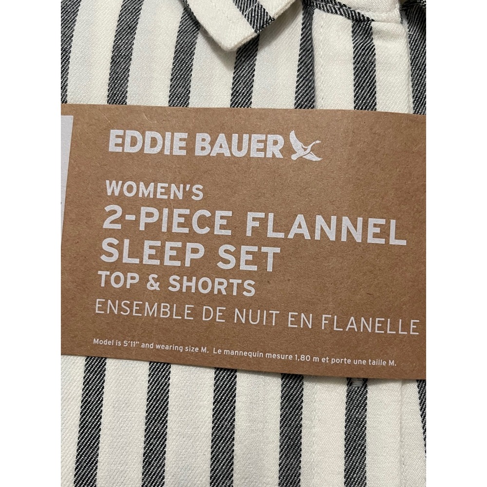 EDDIE BAUER 2-Piece Flannel Sleep Short Set Ivory Striped Medium NEW Lounge Soft - Picture 3 of 6
